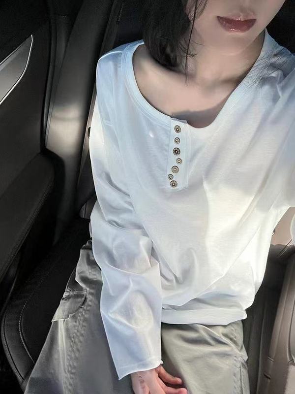韩系简约不规则扣白色长袖t恤女秋季新款卷边设计感休闲宽松上衣|undefined