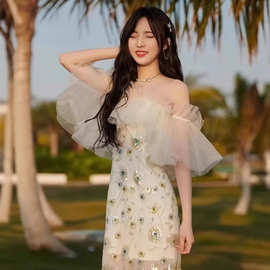 郑乃馨同款衣服甜美超仙网纱亮片抹胸刺绣气质一字肩礼服连衣裙女