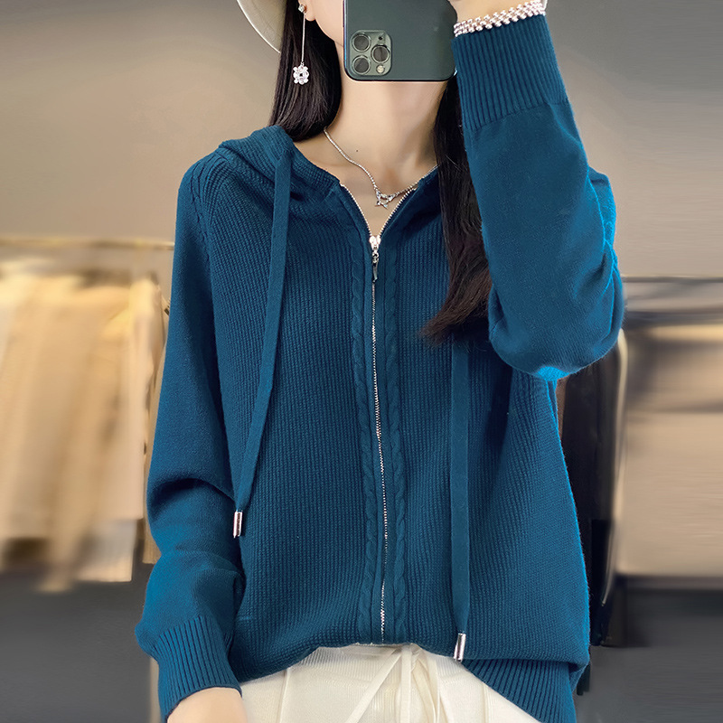 秋冬季连帽开衫女冬百搭针织打底宽松毛衣休闲针织衫纯色外套批发|undefined