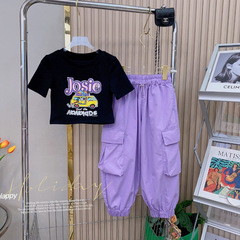 女童夏季套裝2024新款韓版休閒工裝褲時尚卡通印花T恤炸街兩件套