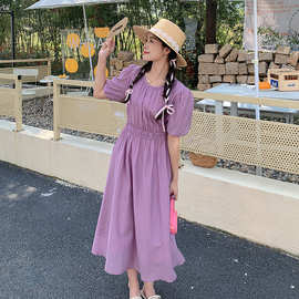 实拍法式高腰显瘦浅紫色连衣裙2024夏装新款港味复古chic短袖裙子