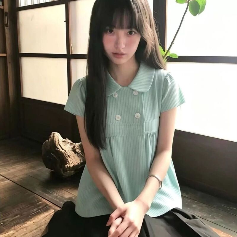 Korean-Style Fresh Striped Shirt for Women, Summer Double-Breasted Doll Collar Short-Sleeve Design, Loose Artistic Blouse Top