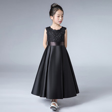 女童礼服钢琴表演礼服裙小学生缎面音乐演奏六一儿童节黑色演出服