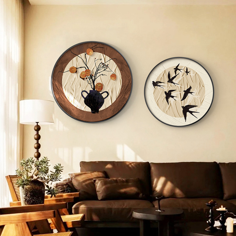 French Mid-Century Style Living Room Hanging Painting Sofa Background Wall Retro Round Mural Restaurant Tea Room Decorative Painting