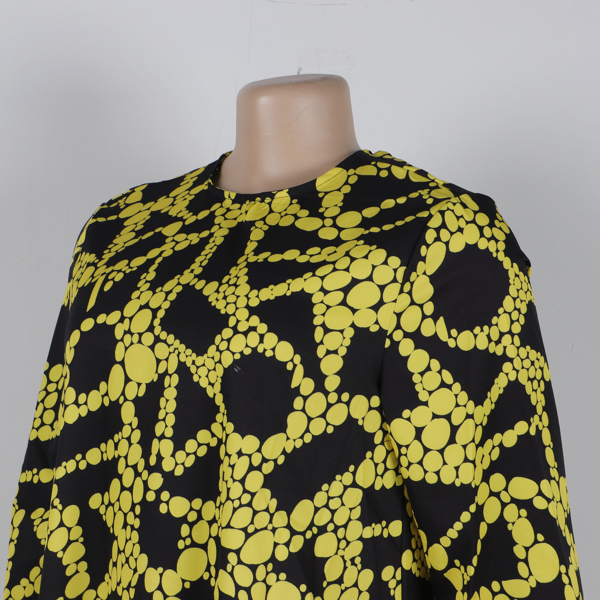 Printed Lace up Lantern Sleeve Loose Large Round Neck Dress