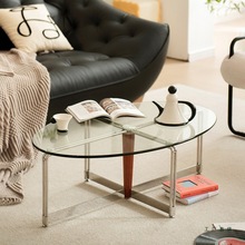 北欧复古玻璃茶几客厅家用轻奢创意不锈钢椭圆形实木桌子简约矮桌