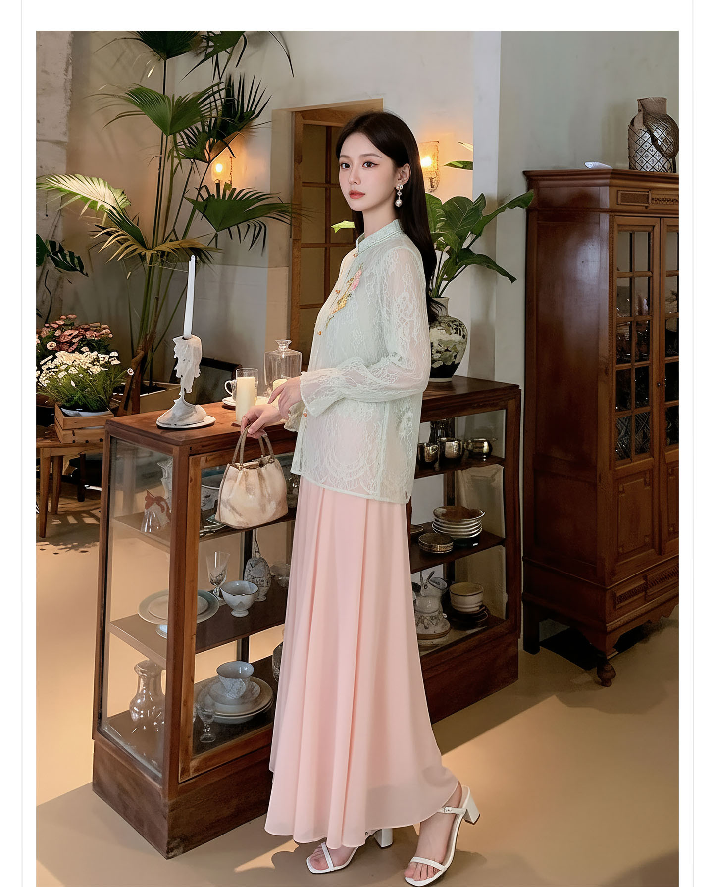 Bộ áo khoác và chân váy thêu hoa tơ tằm cao cấp phong cách Tân Trung Hoa — bộ đồ, nửa váy, áo khoác chi tiết 11