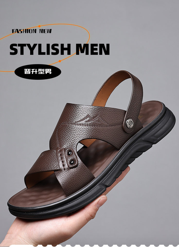 Dép sandal nam da bò thật hở ngón, quai ngang thoáng khí đi biển và dạo phố — 51226 Màu nâu, 51226 Màu đen chi tiết 1