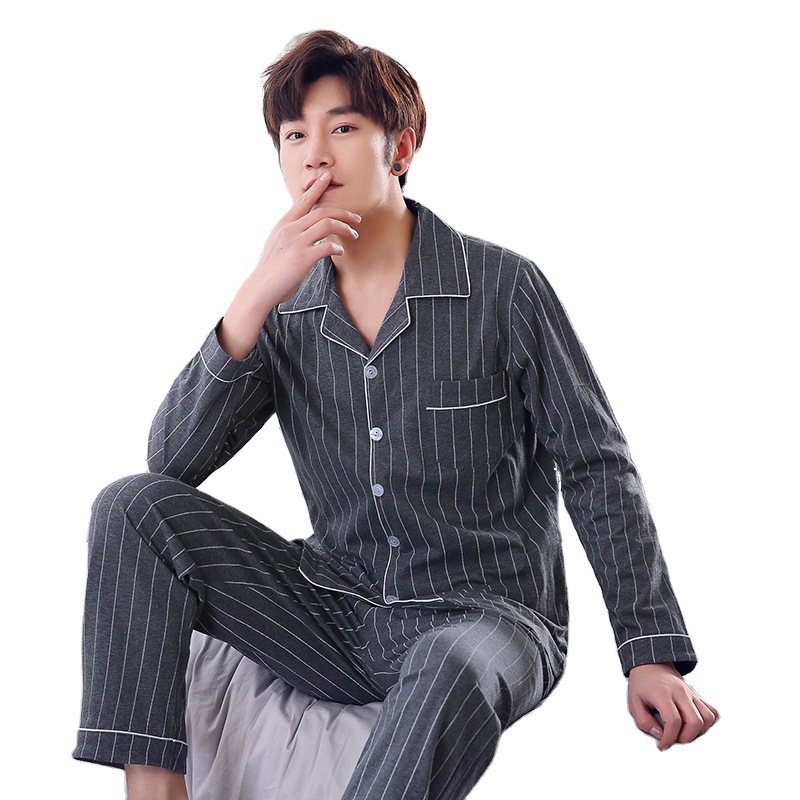 Primavera y otoño pijamas de hombres jóvenes y de mediana edad de punto cálido de algodón a cuadros coreanos prendas de vestir exteriores de moda para el hogar traje de invierno