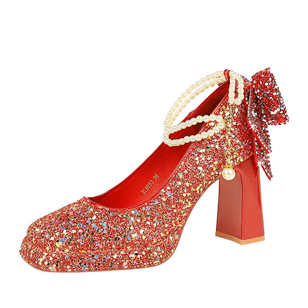 9983-H80TP Sweet Pearl One-Strap High Heels For Women With Rhintone Bowknot Square Toe Platform Chunky Heel Single_vogvips.com