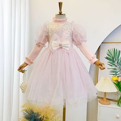 秋冬季女童網紗連衣裙公主裙10歲女童蝴蝶結亮片毛衣連衣裙蓬蓬裙