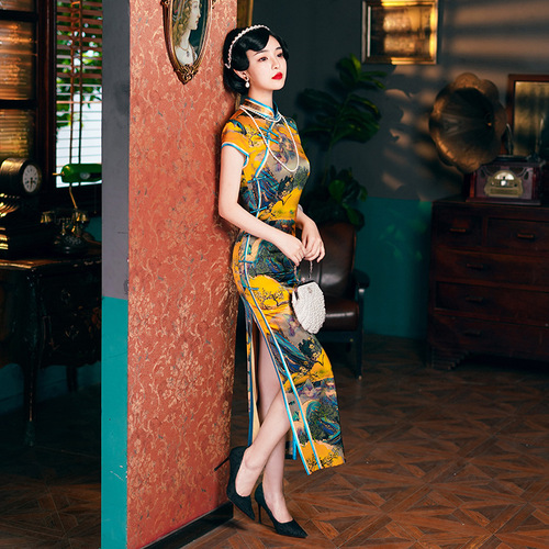 Chinese dress yellow mulberry silk printed oriental cheongsam dresses stage performance miss etiquette host singers qipao dress for women