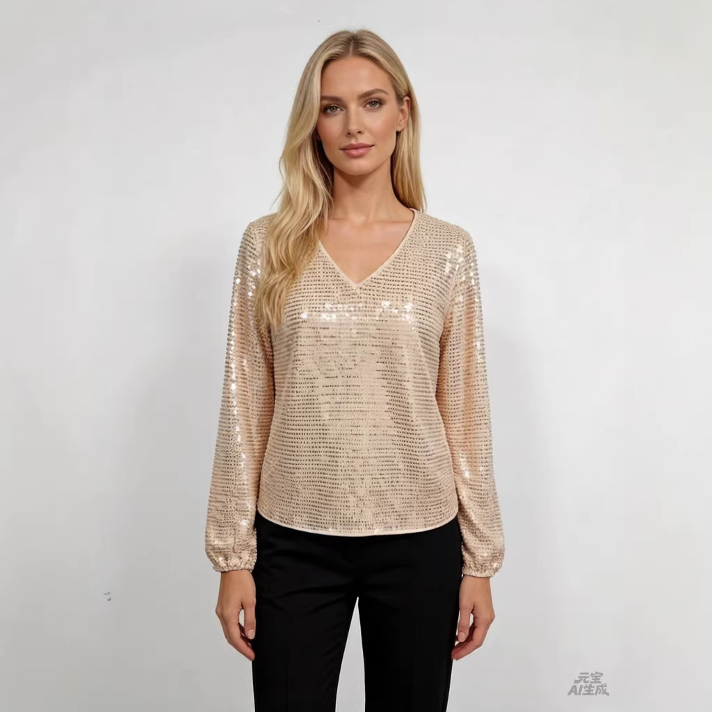 Women's Elegant Loose Fit Long Sleeve V Neck Sequin Tunic Top – Solid Color Glitter Layering Tee_voghion.com