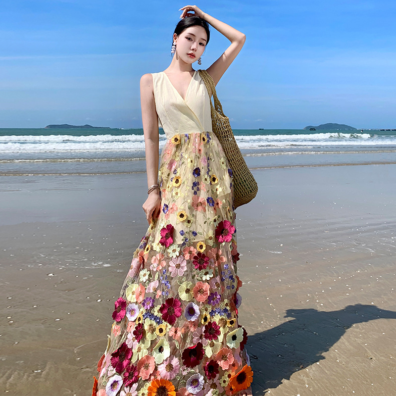 F6651 1040K VÁY ĐẦM LIỀN THÂN NỮ SHETDT THÊU HỌA TIẾT HOA THỜI TRANG NỮ G03 SẢN PHẨM MỚI