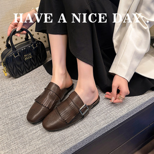 Grape Mom Summer New Soft Leather All-match Vintage Brock Carved Tassel Buckle Belt Mueller Half Tow Women