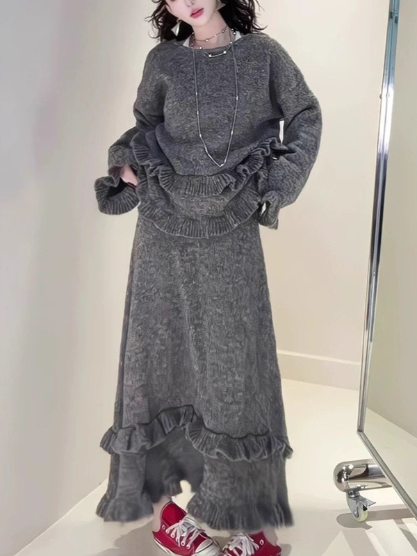 韩系针织套装女秋冬新款跨境花边软糯套头毛衣松紧腰半身裙两套装|undefined