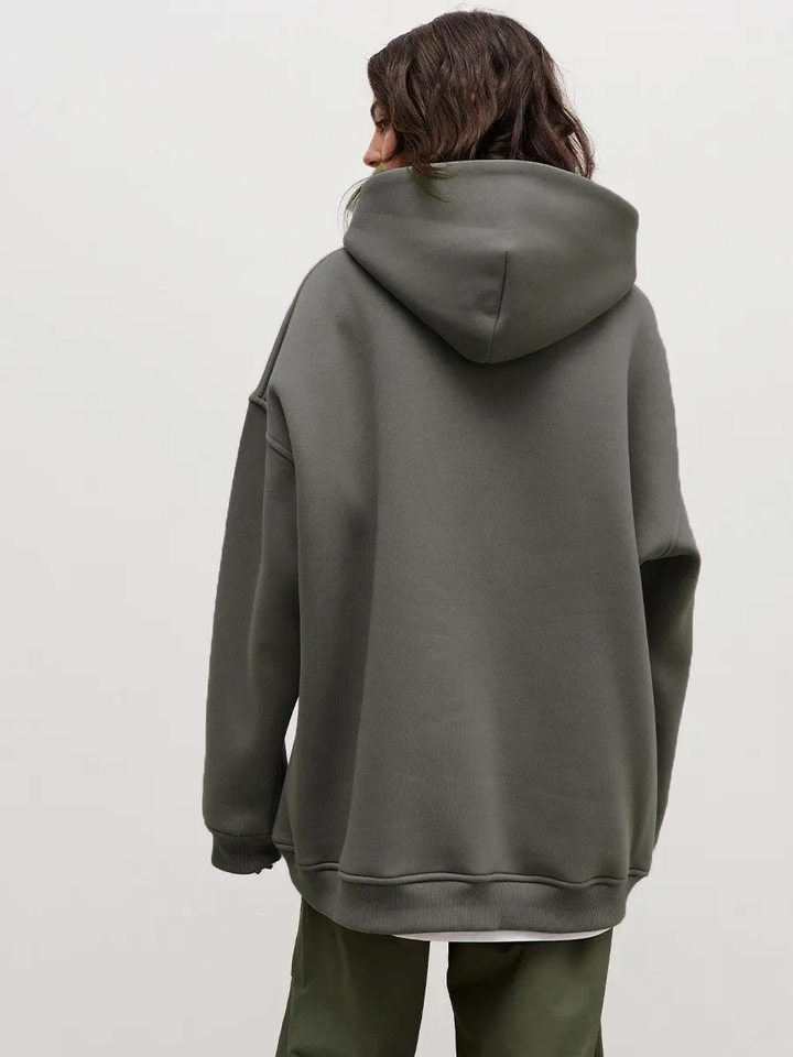 Áo hoodie nỉ lông dáng rộng có mũ và túi, tay dài, dáng unisex — Màu cà phê, Màu hồng, Màu xám, Màu đen chi tiết 67