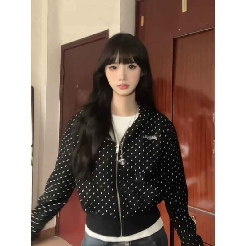 美式复古黑色波点字母印花开衫长袖卫衣女春秋百搭学院风气质外套|undefined