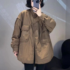欧货2025冬季新款棉衣宽松工装大口袋简约立领中长款棉服外套女