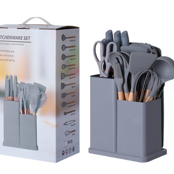 Juego de utensilios de cocina de silicona transfronterizo de 19 piezas, utensilios de cocina antiadherentes con mango de madera y cubo de almacenamiento, juego de cuchillos de silicona ‌