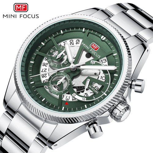 MINI FOCUS Watch Hollow Mechanical Style Men's Multi-functional Waterproof Quartz Watch Steel Strap Men's Watch 0490G