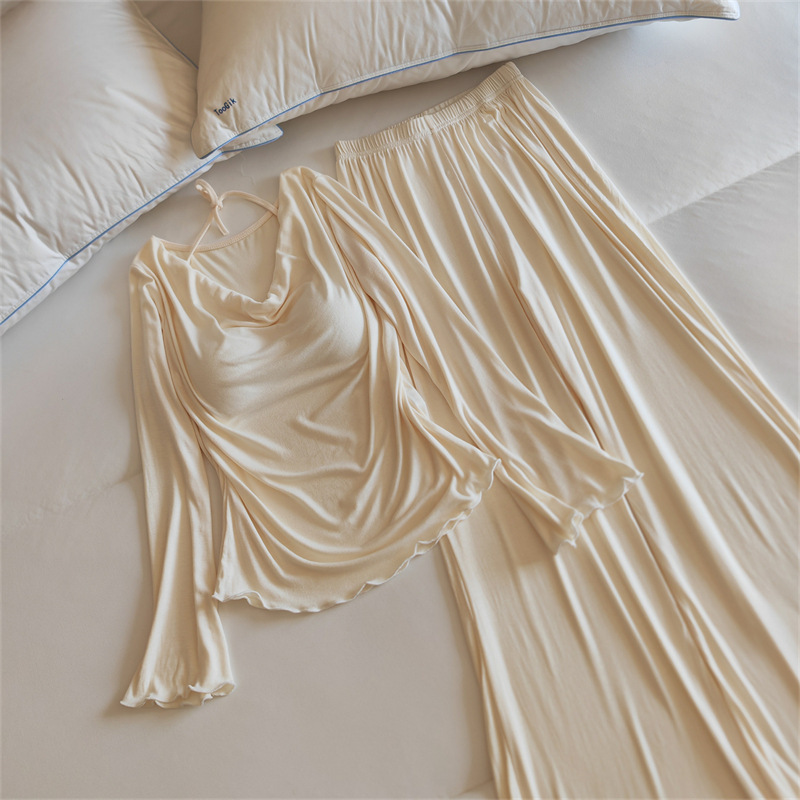 New Spring Autumn and Winter Modal Women's Pajamas Pure Desire Wind Flap Collar Chest Pad Micro Long Sleeve Two-Piece Home Clothes