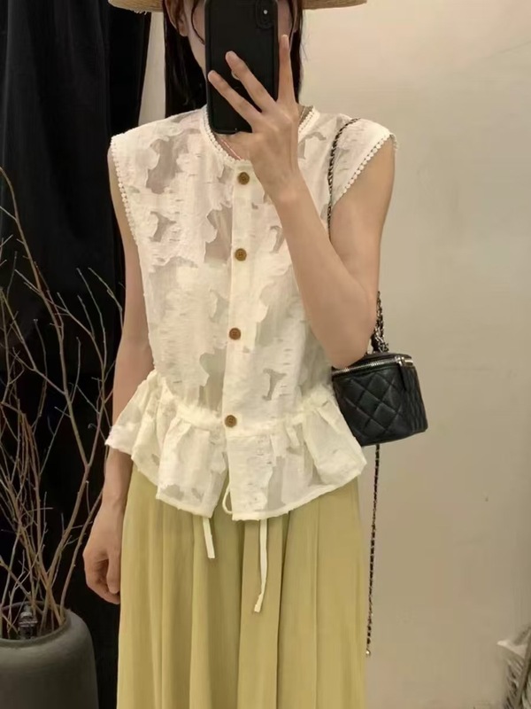 新しい中国風国民風 2025 夏の新しい女性のハイエンド西洋スタイルレースジャカードシングルブレストノースリーブシャツトップ|undefined
