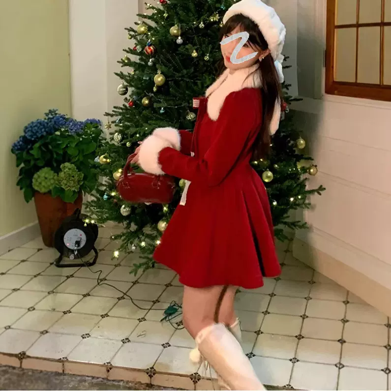 52032红色法式2025冬季新款毛呢蝴蝶结收腰显瘦气质大码呢外套