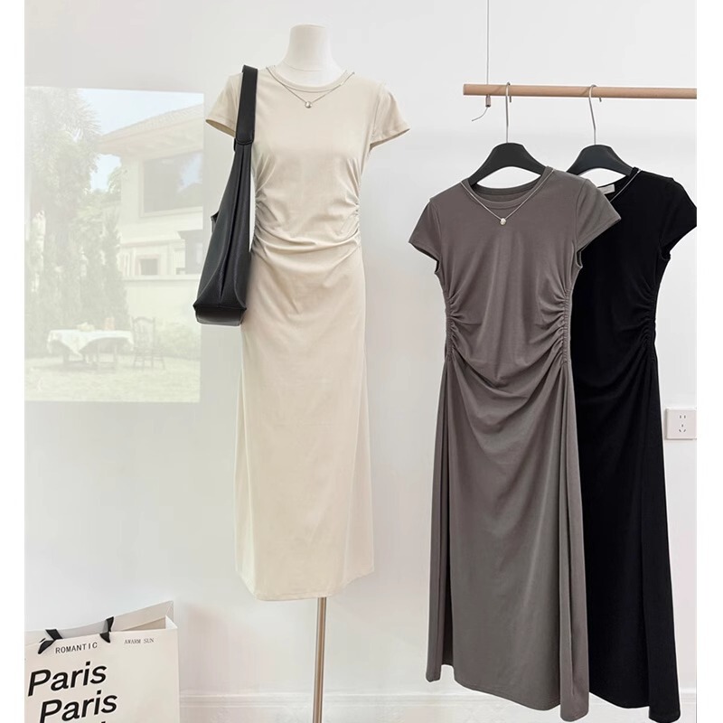 French Round Neck Solid Color Short-Sleeved Dress for Women Summer Design Elegant Pleated Curve Waist over the Knee Long Skirt