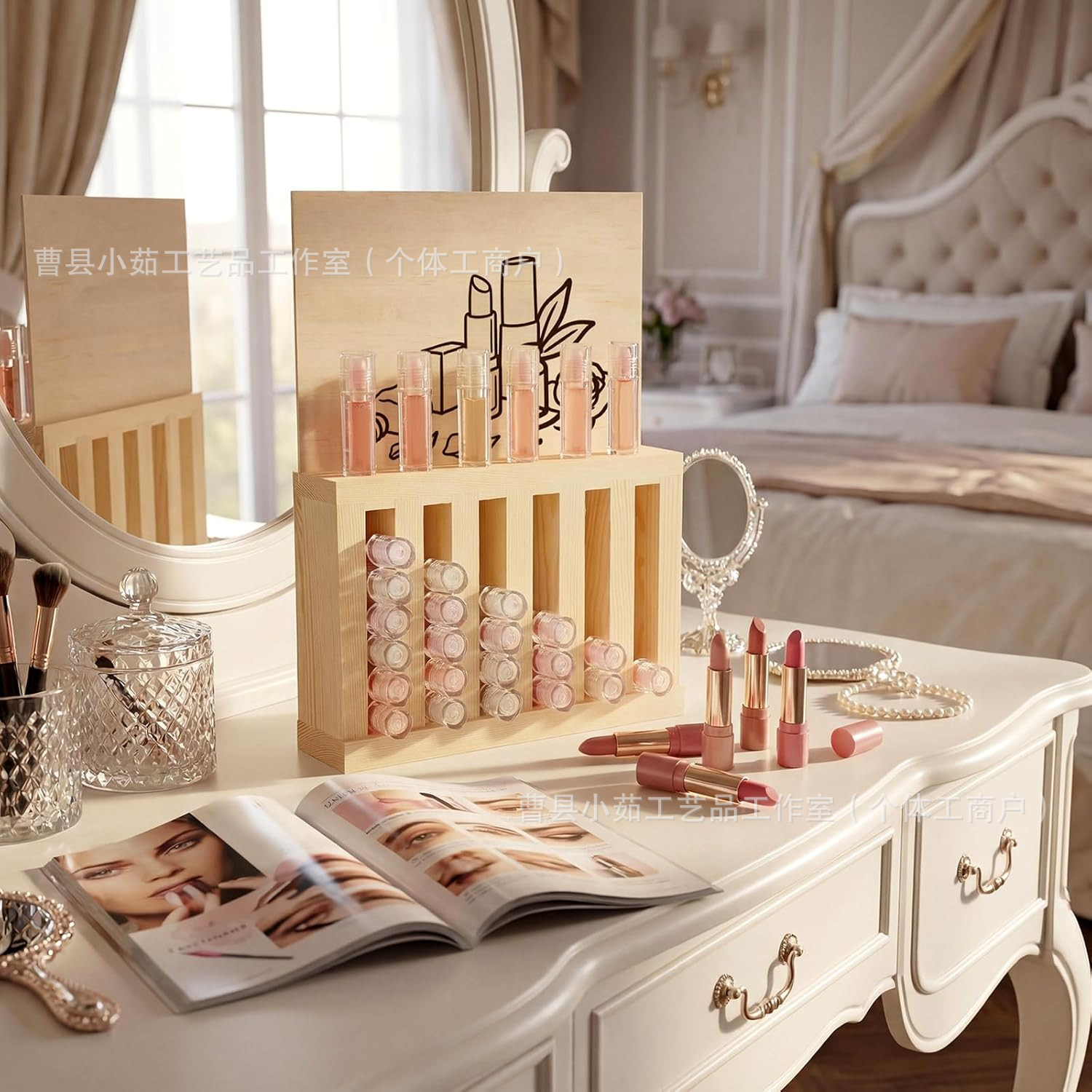 Cross-border wooden lipstick storage rack, multi-compartment lip gloss organizer, dressing table makeup and lipstick display stand