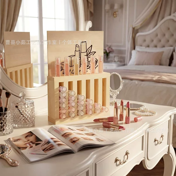 Cross-border wooden lipstick storage rack, multi-compartment lip gloss organizer, dressing table makeup and lipstick display stand