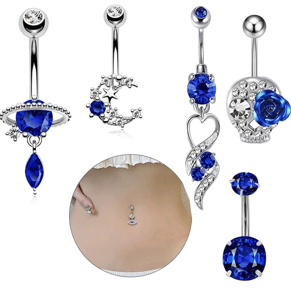 Belly Button Ring Pink Butterfly Zircon Stainless Steel 5-piece_voghion.com