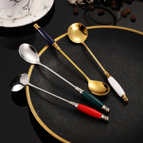 304 stainless steel coffee spoon ins creative internet celebrity European tempered ceramic handle titanium plated coffee stirring dessert spoon