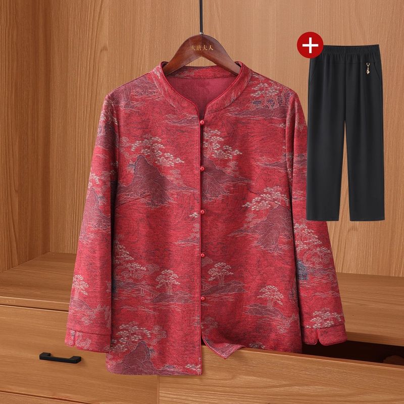 中老年人秋季套装女奶奶衣服长袖中式印花衬衫妈妈薄外套2025新款|undefined
