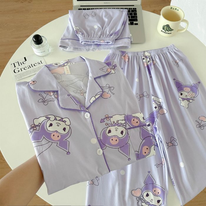 Pijamas de algodón de imitación de tres piezas 160G pantalones cortos de manga corta de verano para mujer