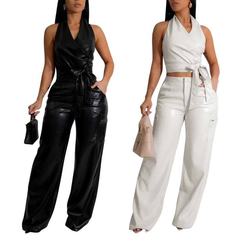 Al298 Amazon Cross-Border European and American Clothing Pu Leather Suit Sleeveless Halter Sexy Suit Leather Pants Two-Piece Summer Set
