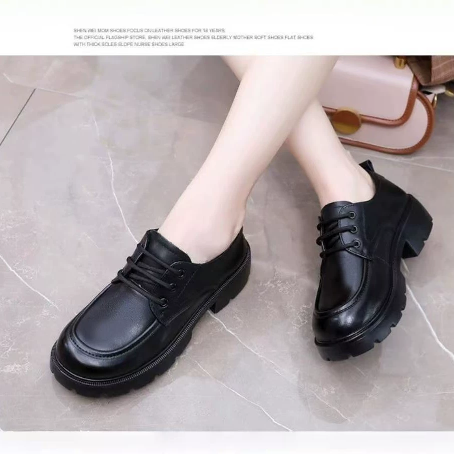 Маленькие кожаные туфли с круглой головой, женские большие черные слои кожи, основы Lefu обувь, предназначенные для доставки