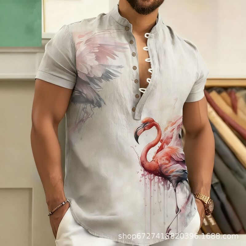 Cross-Border Best-Selling Vacation-Style Men's Short-Sleeved Shirt, Stand-Up Collar Half-Button Flamingo Print Shirt, Supports Customization Cross-Border Best-Selling Vacation-Style Men's Short-Sleeved Shirt, Stand-Up Collar Half-Button Flamingo Print Shirt, Supports Customization