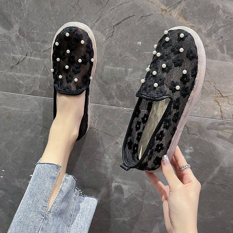 2024 Spring/Summer New Korean Edition Lace Mesh Flat Bottom Set Feet Single Shoes for Women with Breathable One Step, Lazy Embroidered Women's Shoes_voghion.com