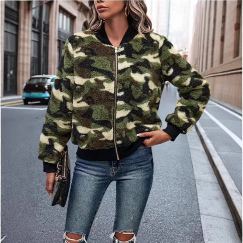 Amazon Explosions Small Coat AliExpress Autumn and Winter New Short Women's Camouflage Plush Baseball Suit Cotton Jacket