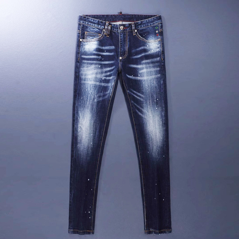 Men's Retro Blue Washed Jeans With Paint Splatter Effect Slim Fit Stretch Skinny Denim Pants Functional Design_viptrois.com
