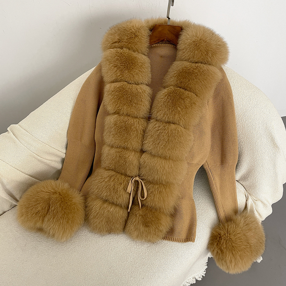 Women's Clothing popular women's knitted sweater with detachable real fox fur collar and cuffs fur cardigan knitted sweater fur coat for women_voghion.com