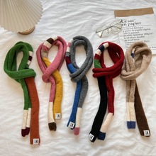 新款小众设计感条纹拼色细窄长条羊毛围巾女韩版网红针织毛线围脖