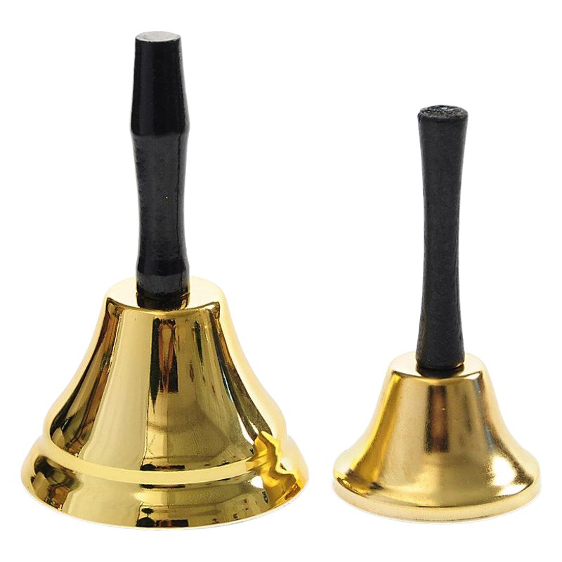 Campana dorada navideña de metal con mango de madera, suministros, adornos, decoración, accesorios, campana de llamada, venta al por mayor