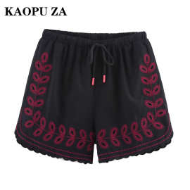 KAOPU ZA 2025夏季女式度假风简约刺绣短裤波西米亚高腰绣花热裤