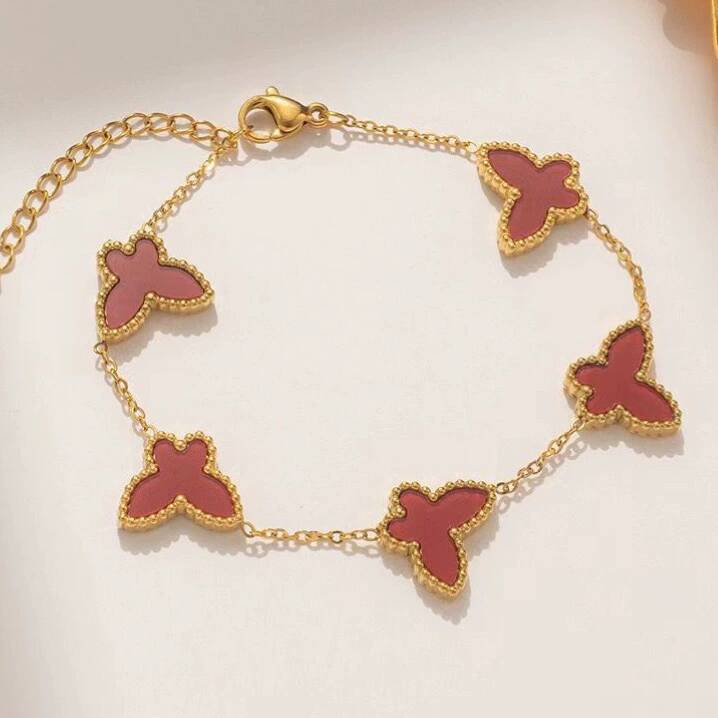 Butterfly Double-Sided Lucky Flower Bracelet Necklace Earrings Set 18K Gold Plated Stainless Steel detail image 8