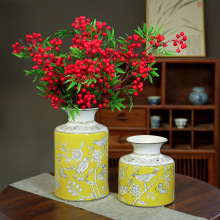 新中式帝王黄色圆柱形陶瓷插花瓶手绘花鸟景德镇陶瓷花瓶软装摆件