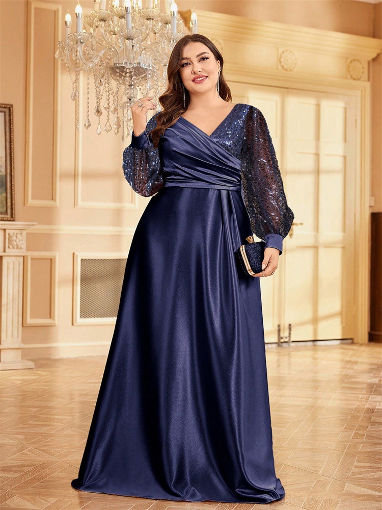 ChicShe Cross-Border Neues elegantes Plus-Size-Kleid aus Satin mit Pailletten, langen Ärmeln, V-Ausschnitt, schmal geschnitten, für Brautjungfern, Bankette und Abendveranstaltungen_voghion.com