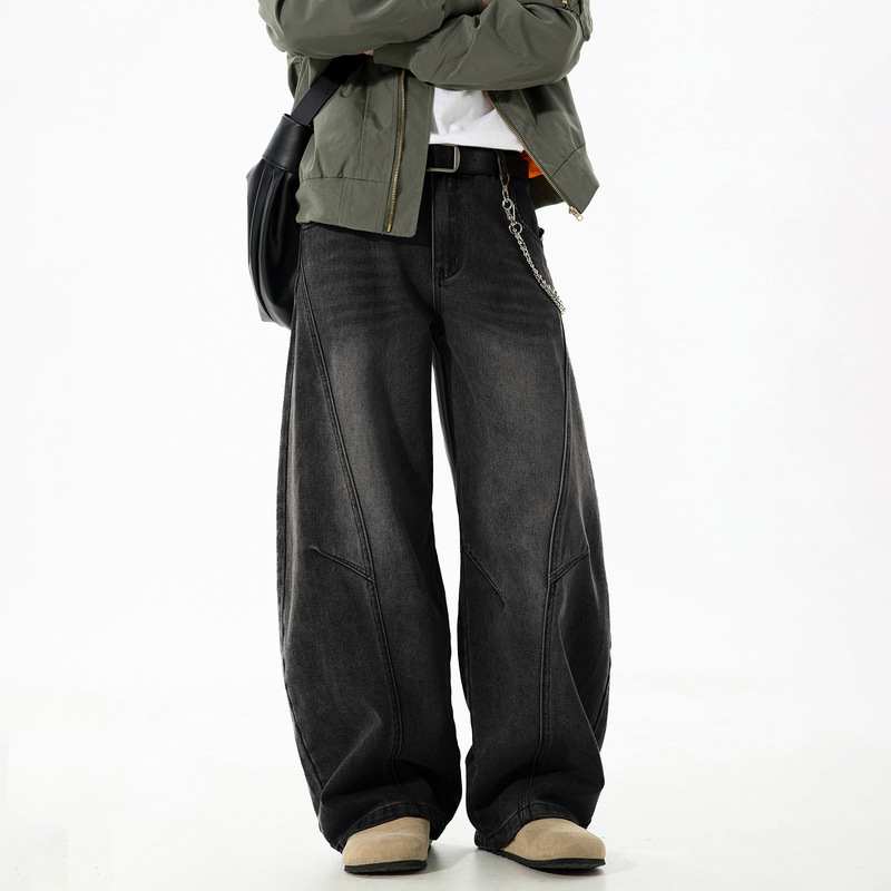 Structured Split-Wash Vintage-Style Men's Jeans, Autumn Style, Loose Fit, Trendy Retro Straight-Leg Pants