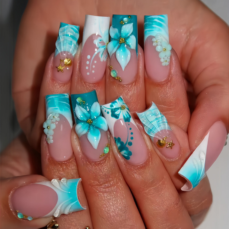 Cross-Border European and American Hot-Selling Blue-Green with White French Design Three-Dimensional Flower Embellished Tropical Style Wearable Nails